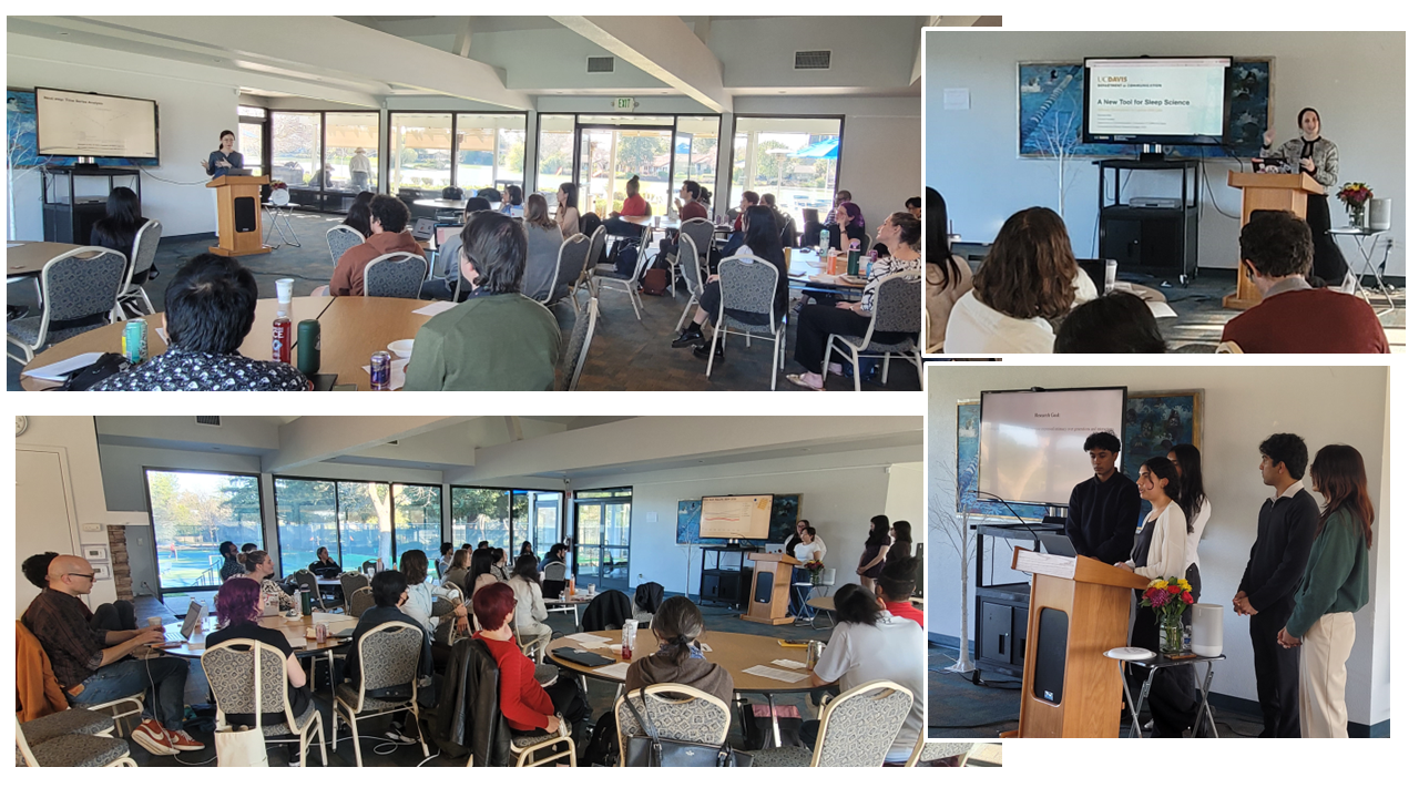 A collage from the "Engineering our Experimental AI Futures" conference at UC Davis, featuring attendees in a bright conference room. Images show speakers at a podium, including a group presentation and a talk on "A New Tool for Sleep Science." The atmosphere is engaged and collaborative.