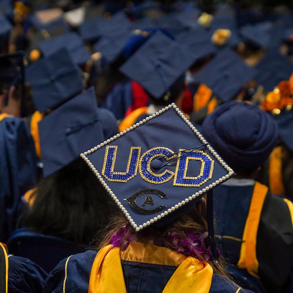 Students at a UC Davis Graduation in their regalia. A cap says "UCD" and has the Cal Aggies logo.