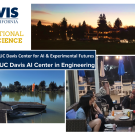 A digital collage highlights the "Engineering our Experimental AI Futures" conference at UC Davis, featuring logos and banners from sponsoring organizations. Photos include a lakeside sunset, a group by the water with orange wind flags, and an evening patio gathering of attendees.