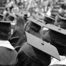 Graduation caps main focus, students lined up in a row seated