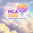 Illustrated promo graphic for the NCA 2025 111th Annual Convention. Large text reads ‘NCA 2025’ beside a heart‑shaped cluster of gradient dots fading from purple to orange, evoking an ascending balloon. Below, the tagline ‘Communicate to Elevate’ and sub‑text ‘111th Annual Convention’ sit over a dreamy pastel sky filled with billowy clouds