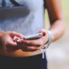 A person wearing a cropped CK branded shirt holds a cellphone in their hands. The person's face is not visible, only their torso, although the body posture is such that it is clear they are looking at their cellphone.